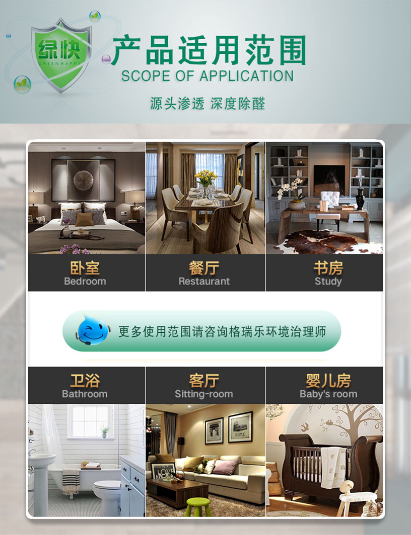 产品适用范围，SCOPE OF APPLICATION,源头渗透，深度除醛，卧室，Bedroom,餐厅，Restarant,书房，Study，卫浴，Bathroom,客厅，Siting-room,婴儿房，Baby' room,更多使用范围请咨询格瑞乐环境治理师