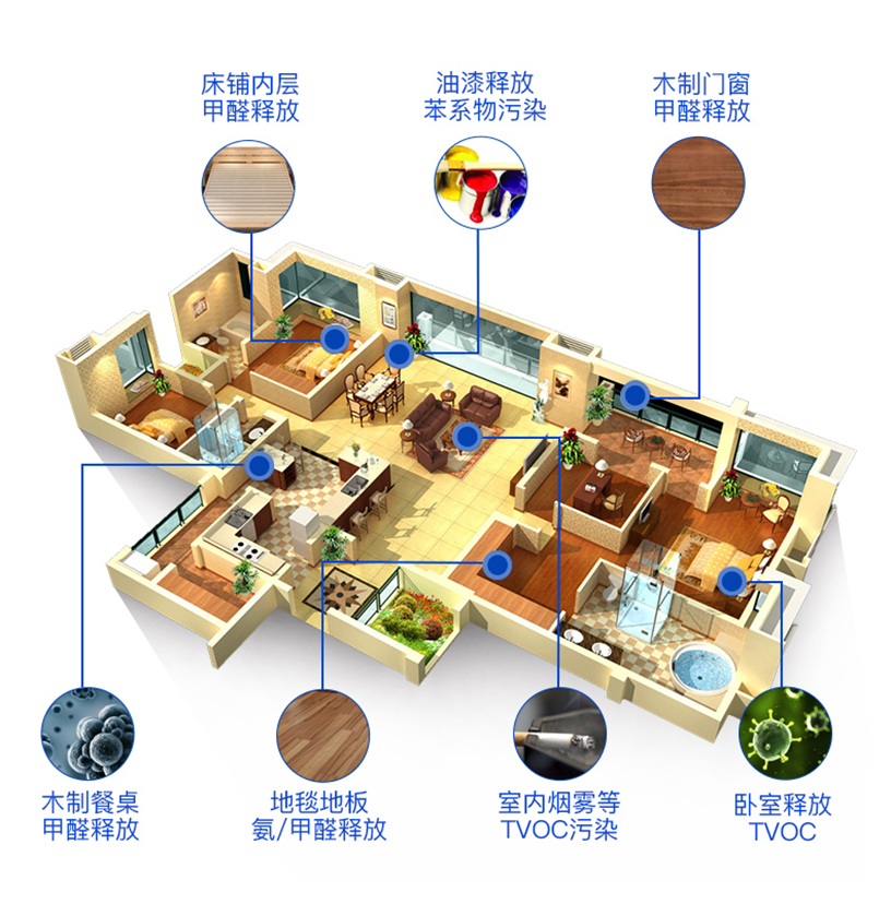 床铺内层甲醛释放，油漆释放苯系物污染，木质门窗甲醛释放，木质餐桌甲醛释放，地毯地板氨/甲醛释放，室内烟雾等TVOC污染，卧室释放TVOC