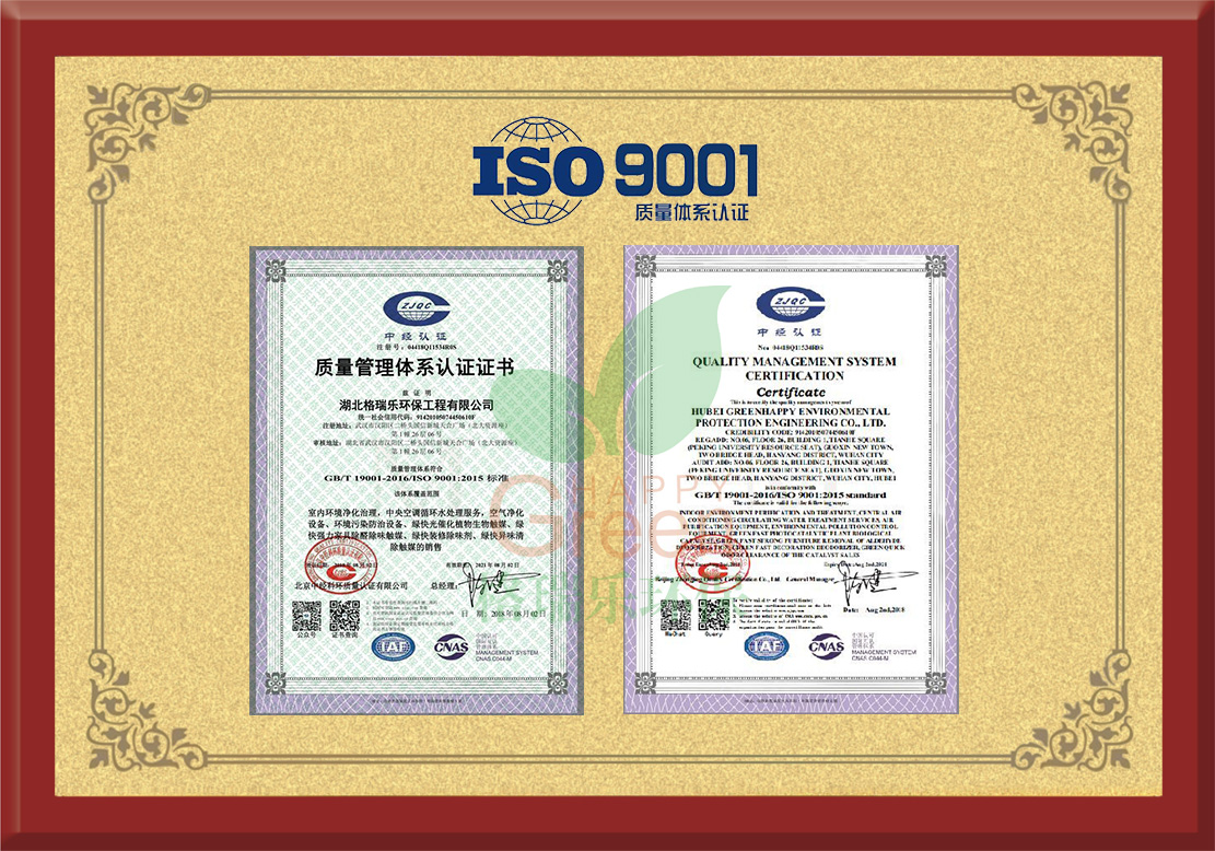 格瑞乐除甲醛荣获ISO9001质量管理体系认证