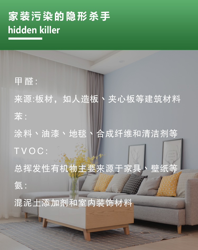 家装隐形杀手，hidden killer，甲醛来源板材，如人造板材丶夹心板等建筑材料，苯涂料丶油漆丶地毯丶合成纤维和清洁剂等，TVOC总挥发性有机物主要来源于家具壁纸等，氨混泥土添加剂和室内装饰材料