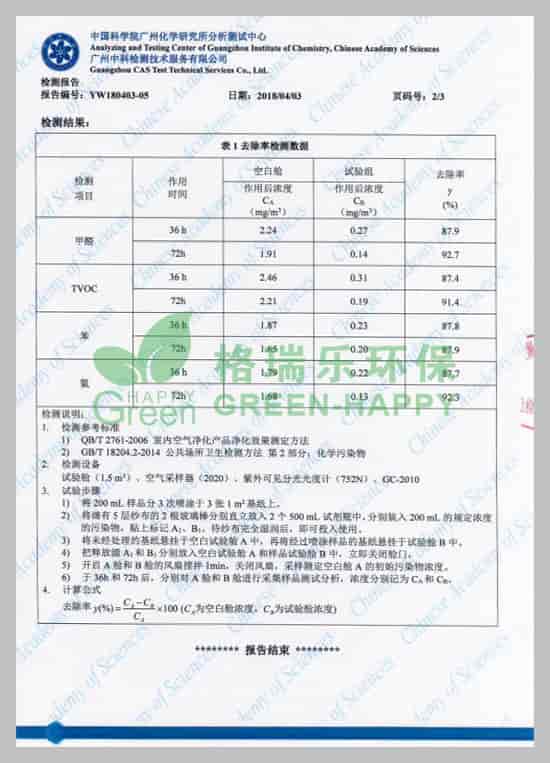 武汉除甲醛,武汉甲醛治理,武汉除甲醛公司，湖北格瑞乐环保工程有限公司绿快光催化植物生物触媒有害气体去除率检测报告