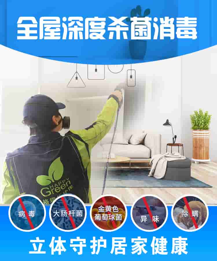 全屋深度杀菌消毒，立体守护居家健康，病毒，大肠杆菌，金黄色葡萄球菌，异味，除螨。