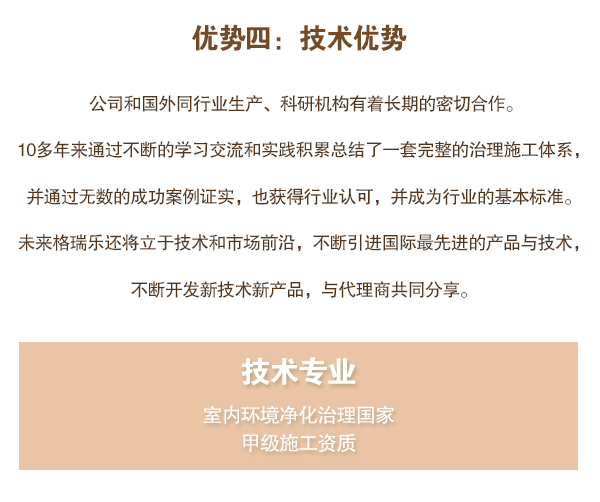 公司和国外同行业生产、科研机构有着长期的密切合作。 10多年来通过不断的学习交流和实践积累总结了一套完整的治理施工体系, 并通过无数的成功案例证实,也获得行业认可,并成为行业的基本标准。 未来格瑞乐还将立于技术和市场前沿,不断引进国际最先进的产品与技术, 不断开发新技术新产品,与代理商共同分享。