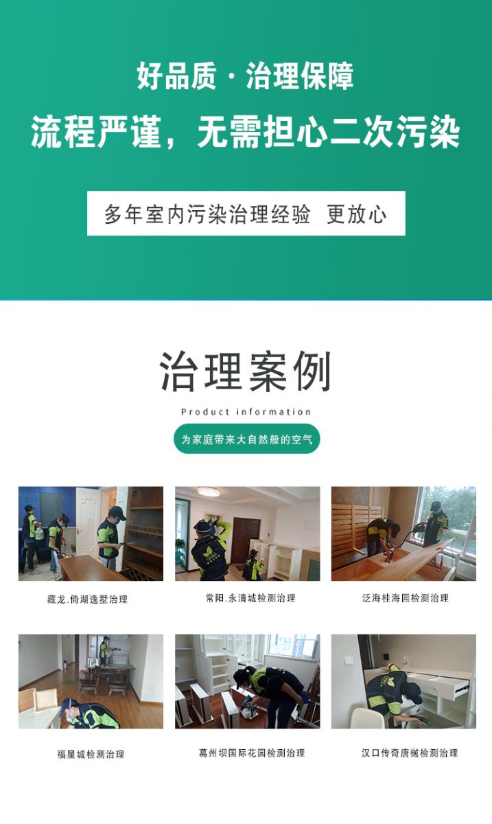 作用原理  好品质·质量保障 流程严谨 无需担心二次污染 多年室内污染治理经验 更放心  治理案例：为家庭带来大自然般的空气,藏龙·倚湖逸墅治理 常阳·永清城检测治理 泛海桂海园检测治理  福星城检测治理 葛洲坝国际花园检测治理 汉口传奇唐越检测治理