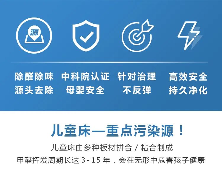 除醛除味,源头去除,中科院认证,母婴安全,针对治理不反弹,高效安全,持久净化,儿童床一重点污染源,儿童床由多种板材拼合/粘合制成甲醛挥发周期长达3-15年，会在无形中危害孩子健康