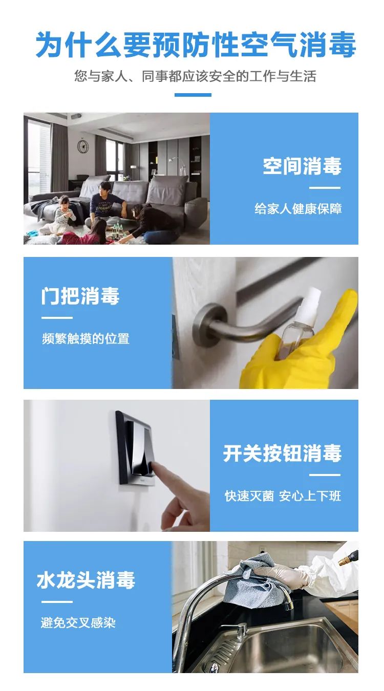 为什么要预防性空气消毒,您与家人、同事都应该安全的工作与生活,空间消毒,给家人健康保障,门把消毒,频繁触摸的位置,开关按钮消毒,快速灭菌,安心上下班,水龙头消毒,避免交叉感染